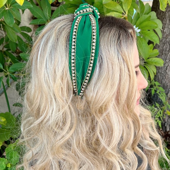 Green Top Knot Gold Crystal Rhinestone Christmas Minimalist 2" Cotton Headband - Picture 2 of 3